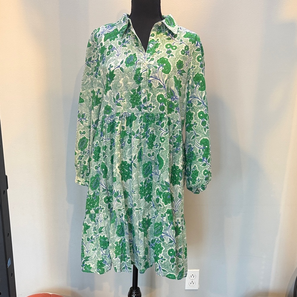 Green Floral Long-Sleeve Tiered Shirt Dress